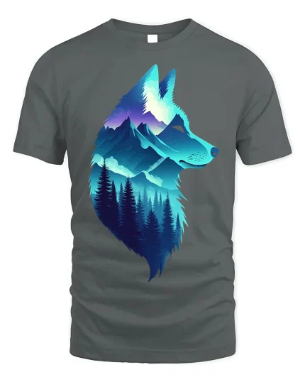 Wolf Mountain Forest Tee Nature Spirit T-Shirt - gray t-shirt on white background