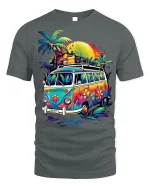 Retro Hippie Van T-Shirt Beach Sunset Vibes Tee - gray t-shirt on white background