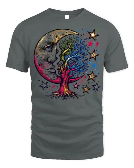 Cosmic Moon Tree T-Shirt Mystical Art Tee - gray t-shirt on white background