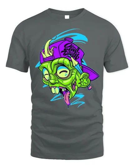 Neon Zombie Skater Tee Edgy Streetwear T-Shirt - gray t-shirt on white background