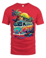 Retro Hippie Van T-Shirt Beach Sunset Vibes Tee - red t-shirt on white background