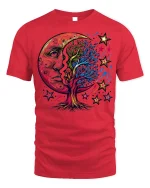Cosmic Moon Tree T-Shirt Mystical Art Tee - red t-shirt on white background