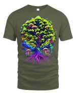 Psychedelic Mushroom Tree Tee Vibrant Nature T-Shirt - military green t-shirt on white background