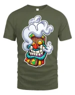 Smoking Tiki Mask Tee Unique Graphic T-Shirt - military green t-shirt on white background