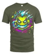Glitch Face Monster Tee Neon Cyberpunk T-Shirt - military green t-shirt on white background