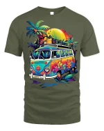 Retro Hippie Van T-Shirt Beach Sunset Vibes Tee - military green t-shirt on white background