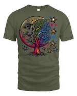 Cosmic Moon Tree T-Shirt Mystical Art Tee - military green t-shirt on white background