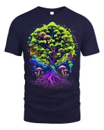 Psychedelic Mushroom Tree Tee Vibrant Nature T-Shirt - navy t-shirt on white background