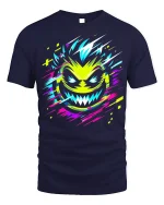 Glitch Face Monster Tee Neon Cyberpunk T-Shirt - navy t-shirt on white background