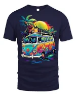 Retro Hippie Van T-Shirt Beach Sunset Vibes Tee - navy t-shirt on white background