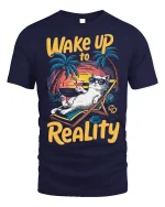 Wake Up to Reality Cat Tee Funny Beach T-Shirt - navy t-shirt on white background