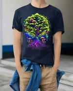 Psychedelic Mushroom Tree Tee Vibrant Nature T-Shirt - model wearing navy shirt, hands in pockets