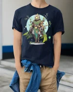 Nature Guardian Robot Tee Eco Tech T-Shirt - model wearing navy shirt, hands in pockets
