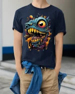 Hungry Monster Drool Tee Abstract Creature T-Shirt - model wearing navy shirt, hands in pockets