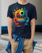 Rainbow Monster Tee Psychedelic Creature T-Shirt - model wearing navy shirt, hands in pockets