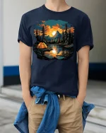Lakeside Sunset Camping Tee Nature Adventure T-Shirt - model wearing navy shirt, hands in pockets