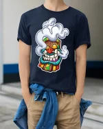 Smoking Tiki Mask Tee Unique Graphic T-Shirt - model wearing navy shirt, hands in pockets