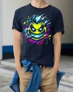 Glitch Face Monster Tee Neon Cyberpunk T-Shirt - model wearing navy shirt, hands in pockets