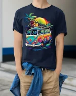 Retro Hippie Van T-Shirt Beach Sunset Vibes Tee - model wearing navy shirt, hands in pockets