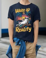 Wake Up to Reality Cat Tee Funny Beach T-Shirt - model wearing navy shirt, hands in pockets