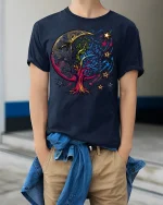 Cosmic Moon Tree T-Shirt Mystical Art Tee - model wearing navy shirt, hands in pockets