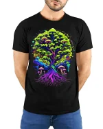 Psychedelic Mushroom Tree Tee Vibrant Nature T-Shirt - model wearing black shirt, hands behind back