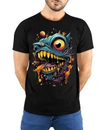 Hungry Monster Drool Tee Abstract Creature T-Shirt - model wearing black shirt, hands behind back