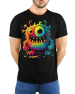 Rainbow Monster Tee Psychedelic Creature T-Shirt - model wearing black shirt, hands behind back