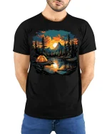 Lakeside Sunset Camping Tee Nature Adventure T-Shirt - model wearing black shirt, hands behind back