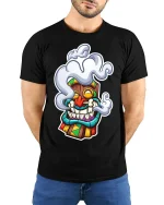 Smoking Tiki Mask Tee Unique Graphic T-Shirt - model wearing black shirt, hands behind back