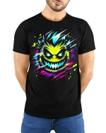 Glitch Face Monster Tee Neon Cyberpunk T-Shirt - model wearing black shirt, hands behind back