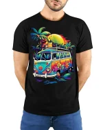 Retro Hippie Van T-Shirt Beach Sunset Vibes Tee - model wearing black shirt, hands behind back