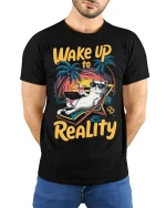 Wake Up to Reality Cat Tee Funny Beach T-Shirt - model wearing black shirt, hands behind back