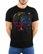 Cosmic Moon Tree T-Shirt Mystical Art Tee - model wearing black shirt, hands behind back