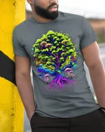 Psychedelic Mushroom Tree Tee Vibrant Nature T-Shirt - model in grey shirt leaning against column