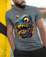 Hungry Monster Drool Tee Abstract Creature T-Shirt - model in grey shirt leaning against column