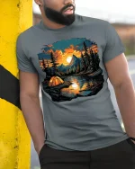 Lakeside Sunset Camping Tee Nature Adventure T-Shirt - model in grey shirt leaning against column
