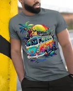 Retro Hippie Van T-Shirt Beach Sunset Vibes Tee - model in grey shirt leaning against column