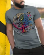 Cosmic Moon Tree T-Shirt Mystical Art Tee - model in grey shirt leaning against column