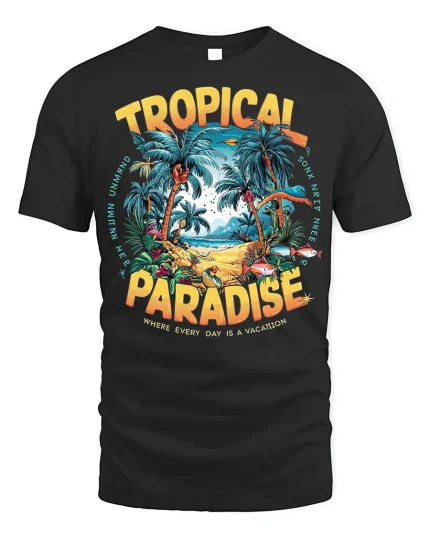 Tropical Paradise Tee - Beach Vacation T-Shirt - black t-shirt on white background