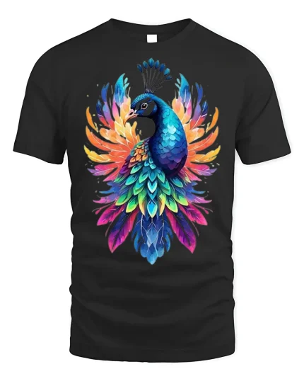 Rainbow Peacock Tee - Vibrant Bird T-Shirt - black t-shirt on white background