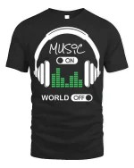 Music On World Off Tee - Headphone T-Shirt - black t-shirt on white background