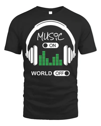 Music On World Off Tee - Headphone T-Shirt - black t-shirt on white background