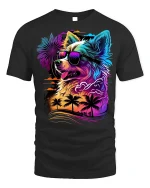 Tropical Dog Tee - Neon Sunset T-Shirt - black t-shirt on white background