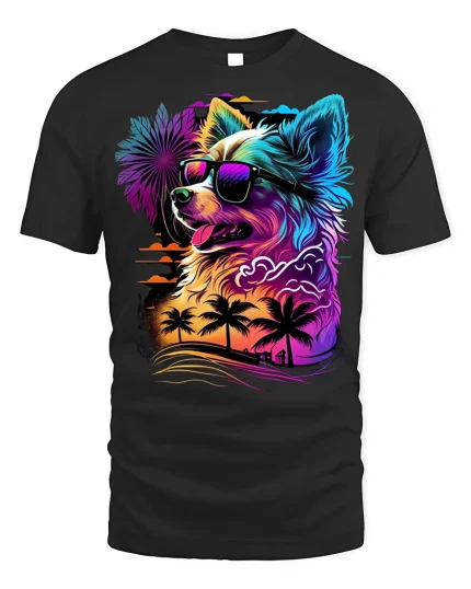 Tropical Dog Tee - Neon Sunset T-Shirt - black t-shirt on white background