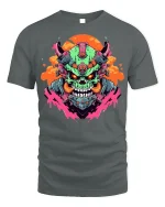 Cyber Demon Tee - Futuristic Skull T-Shirt - gray t-shirt on white background