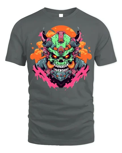Cyber Demon Tee - Futuristic Skull T-Shirt - gray t-shirt on white background