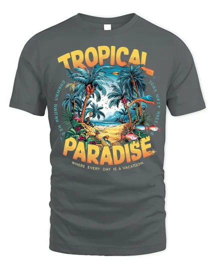 Tropical Paradise Tee - Beach Vacation T-Shirt - gray t-shirt on white background