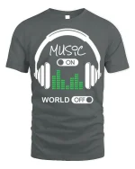 Music On World Off Tee - Headphone T-Shirt - gray t-shirt on white background