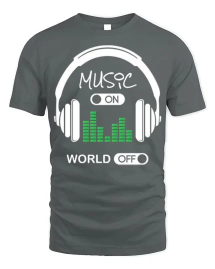 Music On World Off Tee - Headphone T-Shirt - gray t-shirt on white background